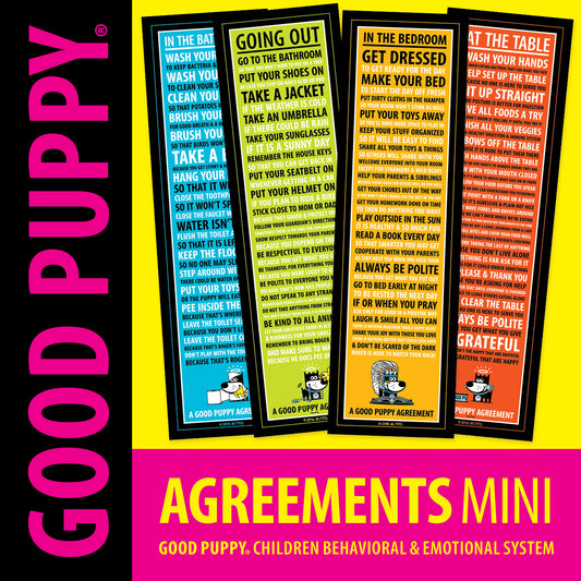 This image showcases four colorful vertical banners titled "Good Puppy Agreements Mini." Each banner lists guidelines for different settings: the bathroom, going out, in the bedroom, and at the table. The instructions include practical tips like washing hands, putting toys away, and being polite. The banners are color-coded with text and cartoon puppy illustrations, promoting good behavior and manners for children.