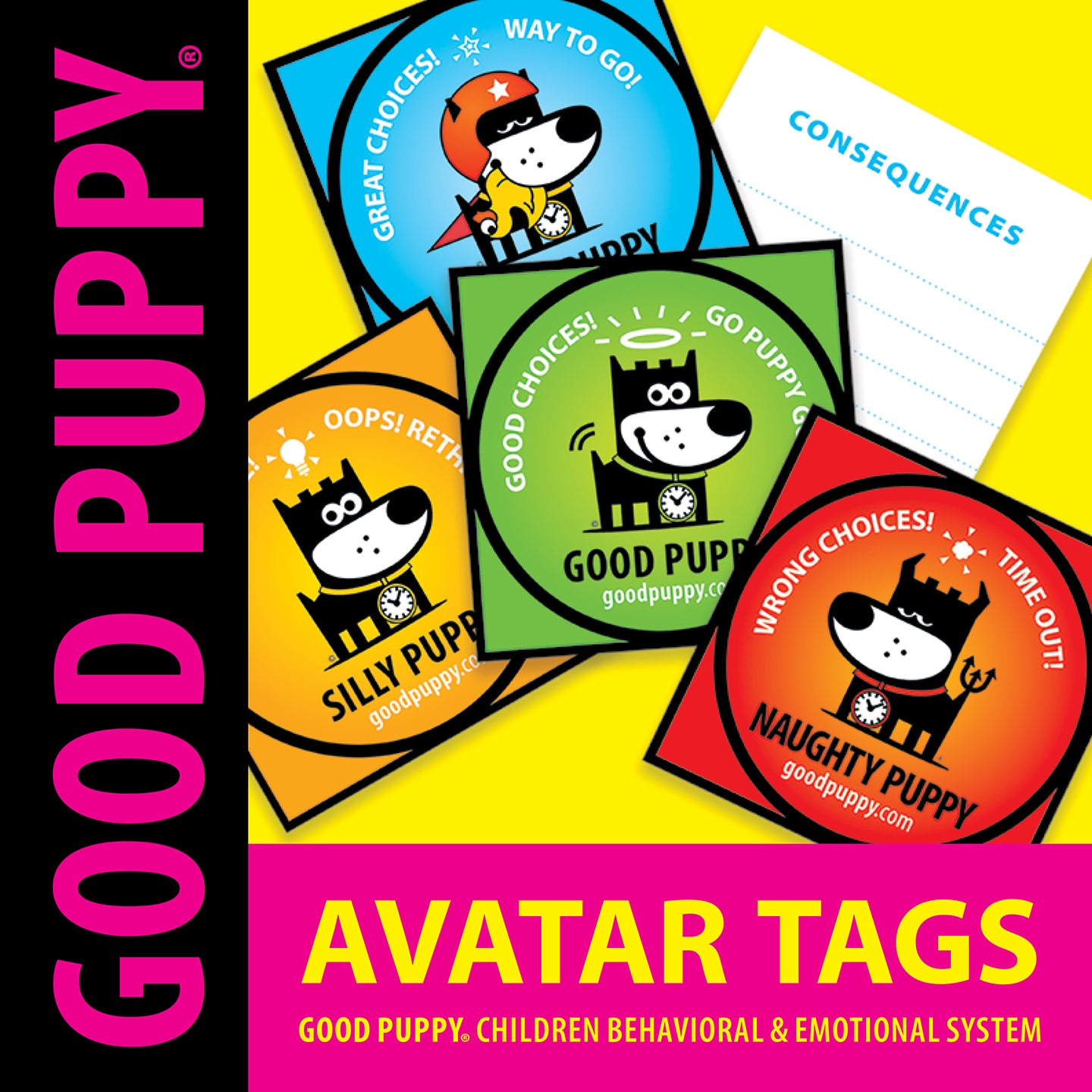 This image displays "Good Puppy" avatar tags, part of a children's behavioral and emotional system. The tags feature different puppy characters representing various behaviors: a blue tag for "Super Puppy" with a helmet, a green tag for "Good Puppy" with a halo, a yellow tag for "Silly Puppy" with a light bulb, and a red tag for "Naughty Puppy" dressed as a devil. These tags help children understand and reflect on their behavior.