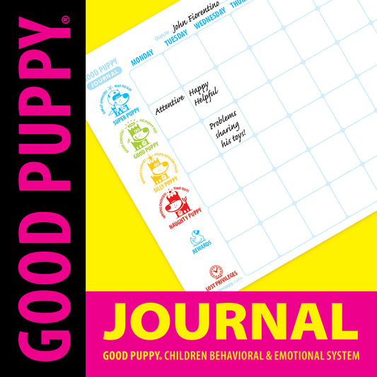 The image depicts a "Good Puppy" journal for children, featuring a weekly calendar layout. The days of the week are listed at the top, with columns for Monday to Friday. On the left side, there are icons representing different behavior levels: Super Puppy, Good Puppy, Silly Puppy, and Naughty Puppy. The journal is used to track a child's daily behavior and activities, with spaces for notes and observations.