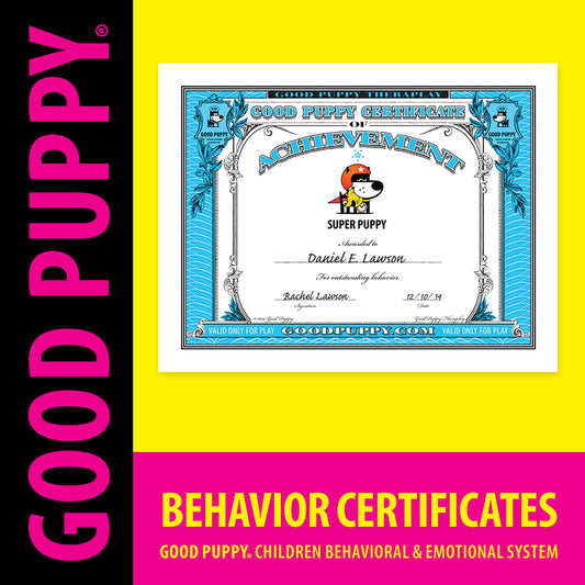 The image displays a "Good Puppy" behavior certificate from the children's behavioral and emotional system. It features a decorative blue border and a "Super Puppy" badge in the center. The certificate is awarded to Daniel E. Lawson for outstanding behavior, signed by Rachel Lawson and dated 12/10/14. The image promotes "Behavior Certificates" as part of the Good Puppy system.