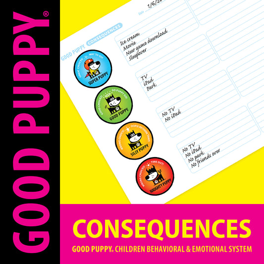 The image shows a "Good Puppy" consequences chart from the children's behavioral and emotional system. It includes four circular avatars: Super Puppy (blue), Good Puppy (green), Silly Puppy (yellow), and Naughty Puppy (red). Each level has handwritten rewards or consequences: Super Puppy earns ice cream, movies, new game downloads, or sleepovers; Good Puppy gets TV, iPad, and park time; Silly Puppy loses TV and iPad privileges; Naughty Puppy loses TV, iPad, park, and friend visit privileges.