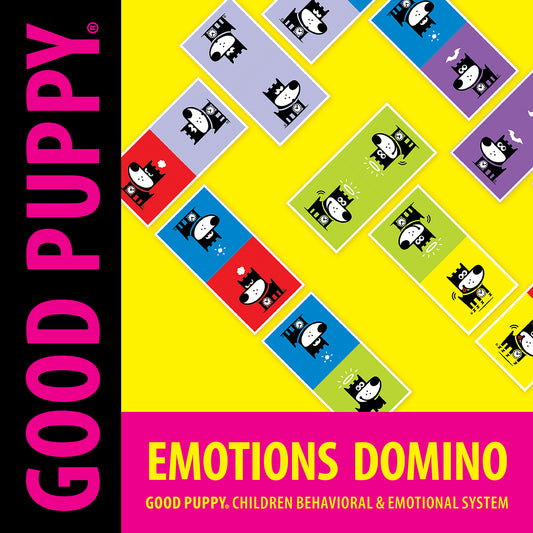 The image shows the "Good Puppy Emotions Domino" from the children's behavioral and emotional system. The dominoes feature different emotional expressions depicted by a puppy character on colorful backgrounds. Each domino piece pairs two emotions, such as happy, angry, or sad. This interactive game helps children recognize and understand various emotions, promoting emotional intelligence and expression through play.