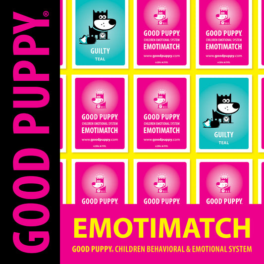 The image displays "Good Puppy Emotimatch" cards from the children's behavioral and emotional system. The cards feature a character named Good Puppy on a teal background with the emotion "Guilty" written below. Other cards have the Good Puppy logo on a pink background with the text "Good Puppy Children Emotional System Emotimatch" and the website "www.goodpuppy.com." The overall design is colorful and engaging, aimed at helping children identify and understand emotions.