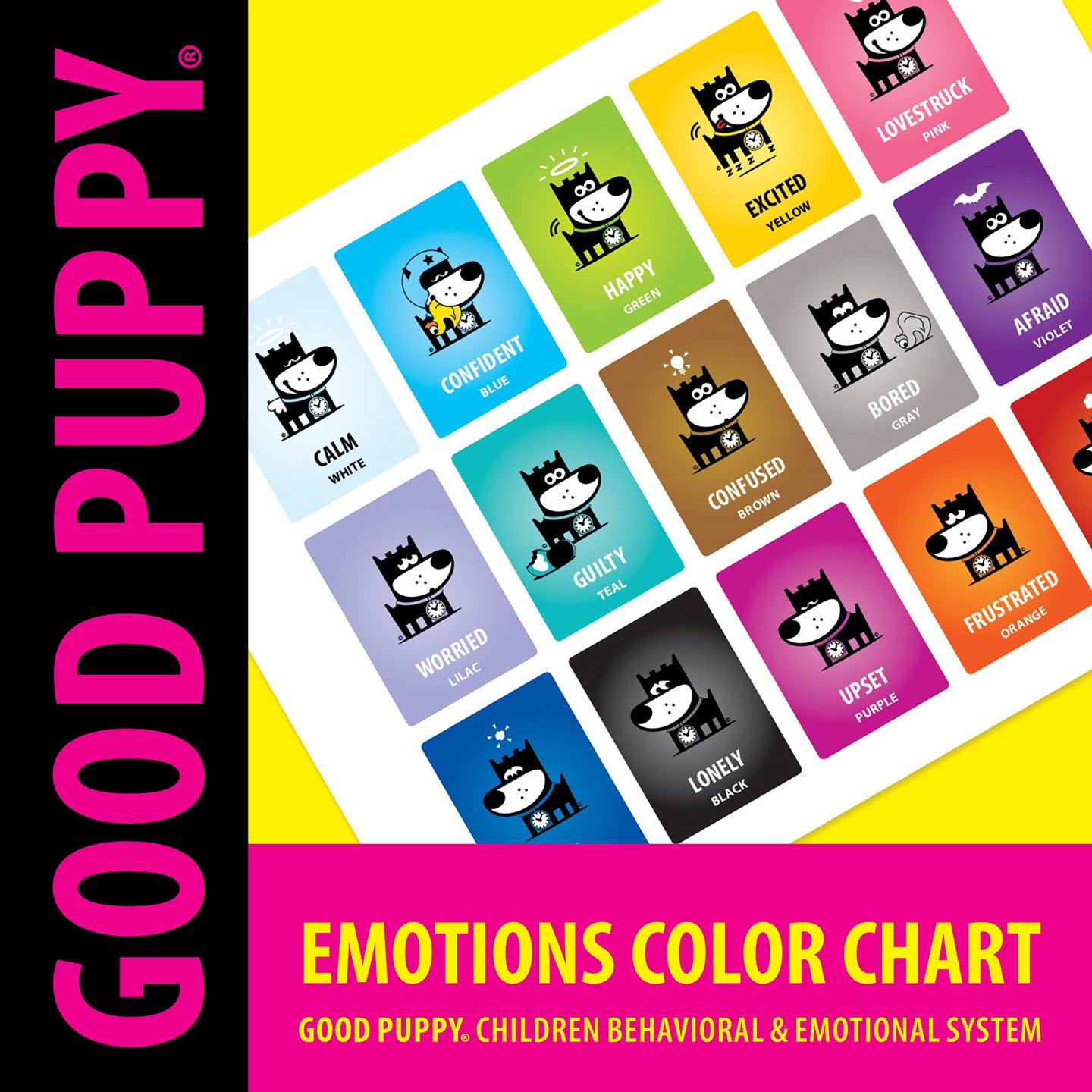 The image shows the "Good Puppy Emotions Color Chart" from the children's behavioral and emotional system. It features colorful cards, each representing a different emotion with the Good Puppy character. Emotions include Calm, Confident, Happy, Excited, Lovestruck, Worried, Guilty, Afraid, Confused, Bored, Lonely, Upset, and Frustrated. Each emotion is paired with a specific color, creating a vibrant and engaging tool for children to learn and identify their feelings.