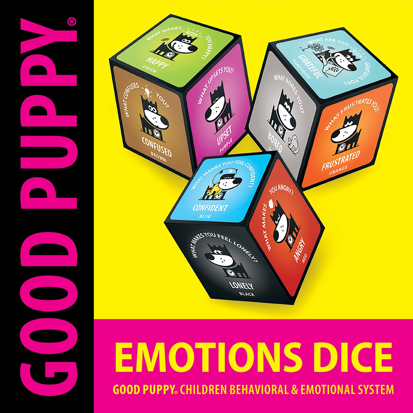 The image features "Good Puppy Emotions Dice" from the children's behavioral and emotional system. The dice are colorful, each displaying different emotions such as Happy, Upset, Confident, Frustrated, Confused, Lonely, Angry, and Bored. Each side of the dice also includes questions like "What makes you feel lonely?" and "What frustrates you?" This engaging tool helps children explore and understand their emotions through interactive play.