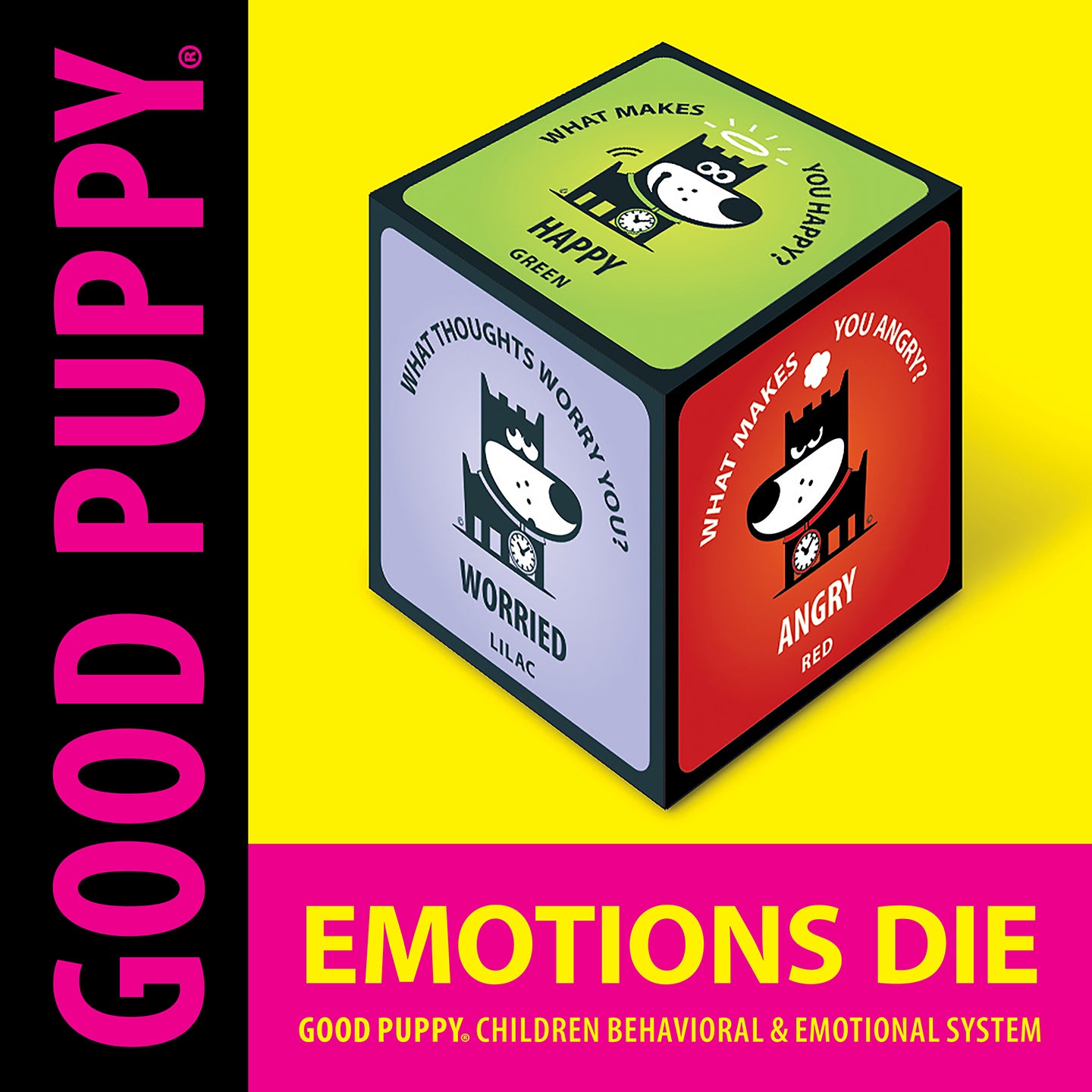 The image shows the "Good Puppy Emotions Die" from the children's behavioral and emotional system. The die features different emotions on each side, such as Happy (green), Worried (lilac), and Angry (red). Each side includes a prompt, like "What makes you happy?" and "What thoughts worry you?" This tool helps children express and understand their emotions through interactive play.