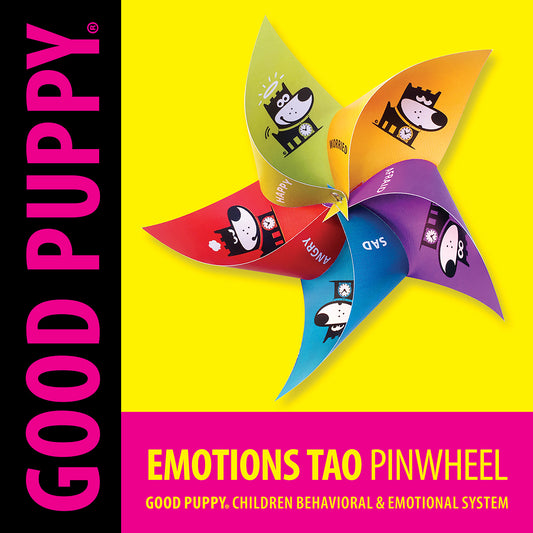 The image titled "Emotions Tao Pinwheel" from the Good Puppy Children's Behavioral and Emotional System shows a colorful pinwheel, each blade featuring an emotion: happy (green), worried (yellow), sad (blue), angry (red), and afraid (purple). Each emotion is represented by a puppy character. The pinwheel visually demonstrates the interconnectedness of emotions, helping children understand and manage their feelings through a playful and engaging tool.