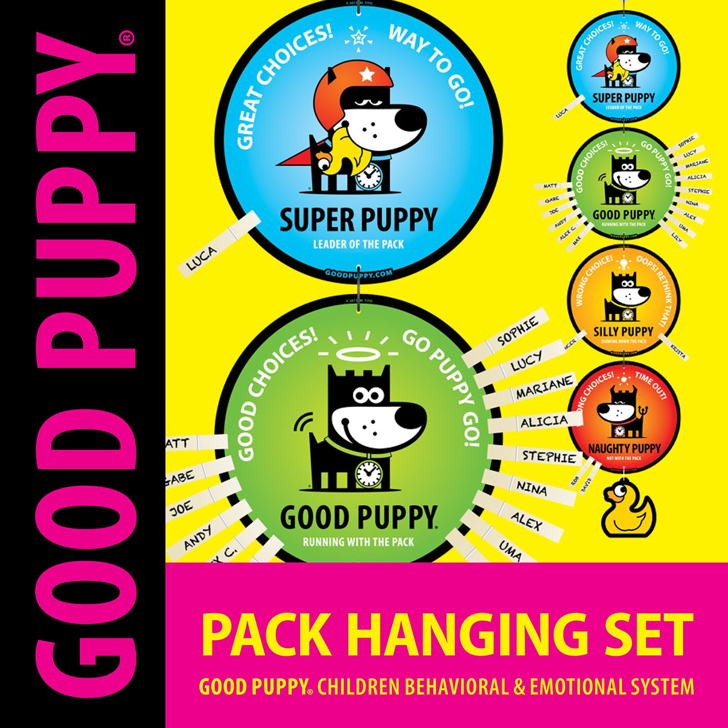 The image features the "Good Puppy Pack Hanging Set" from the Good Puppy Children Behavioral & Emotional System. It shows circular signs labeled "Super Puppy," "Good Puppy," "Silly Puppy," and "Naughty Puppy," each with a puppy character. Clothespins with names attached to each sign indicate different children's behavior statuses. The set is designed to encourage positive behavior and emotional development in children.