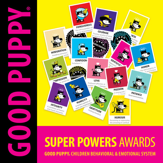 The image titled "Good Puppy Super Powers Awards" features an assortment of colorful cards, each representing a different positive trait or value, such as "Forgiveness," "Courage," "Confidence," "Gratitude," and "Integrity." The cards include illustrations of a happy puppy performing actions related to each trait. The tagline at the bottom reads, "Good Puppy. Children Behavioral & Emotional System," indicating the cards are used to reward and encourage positive behavior in children.