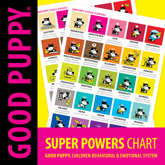 The "Good Puppy Super Powers Chart" displays a collection of colorful cards, each highlighting different virtues such as moderation, gratefulness, love, passion, forgiveness, industriousness, and cooperation. Each card features an illustration of a cheerful puppy demonstrating the respective trait. The chart is part of the "Good Puppy Children Behavioral & Emotional System" designed to teach and encourage positive behaviors and values in children.