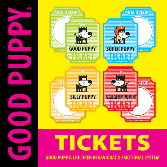 The image displays "Good Puppy" tickets as part of their children behavioral and emotional system. There are four types of tickets: Good Puppy (green), Super Puppy (blue), Silly Puppy (orange), and Naughty Puppy (red). Each ticket features a cartoon puppy character and the words "VALID FOR" with a blank space for customization. The design aims to encourage and reward children’s behavior through a fun and engaging system.