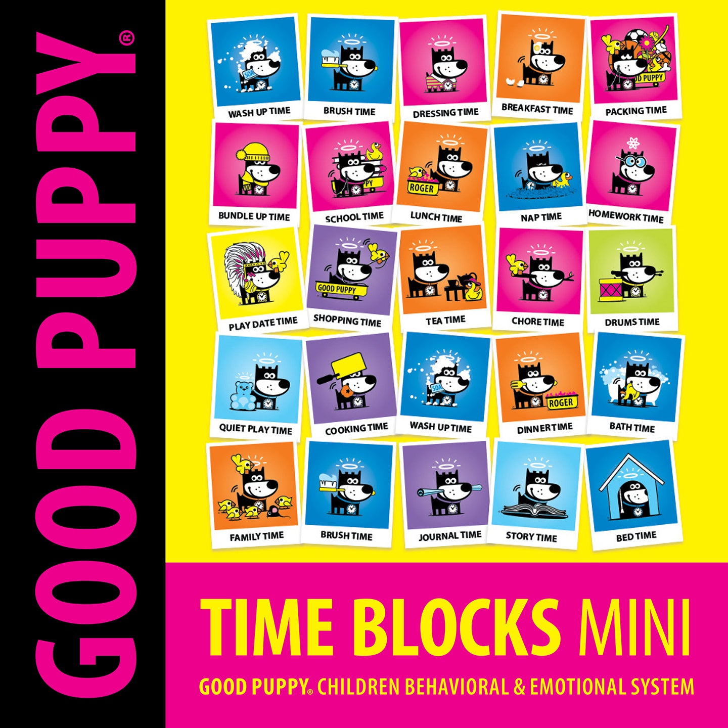 The image features "Good Puppy Time Blocks Mini," a collection of colorful squares, each depicting a different daily activity for children. Activities include wash-up time, brush time, dressing time, breakfast time, packing time, school time, lunch time, nap time, homework time, play date time, shopping time, tea time, chore time, drums time, family time, cooking time, and bedtime. Each block has a cute cartoon puppy illustrating the specific activity.