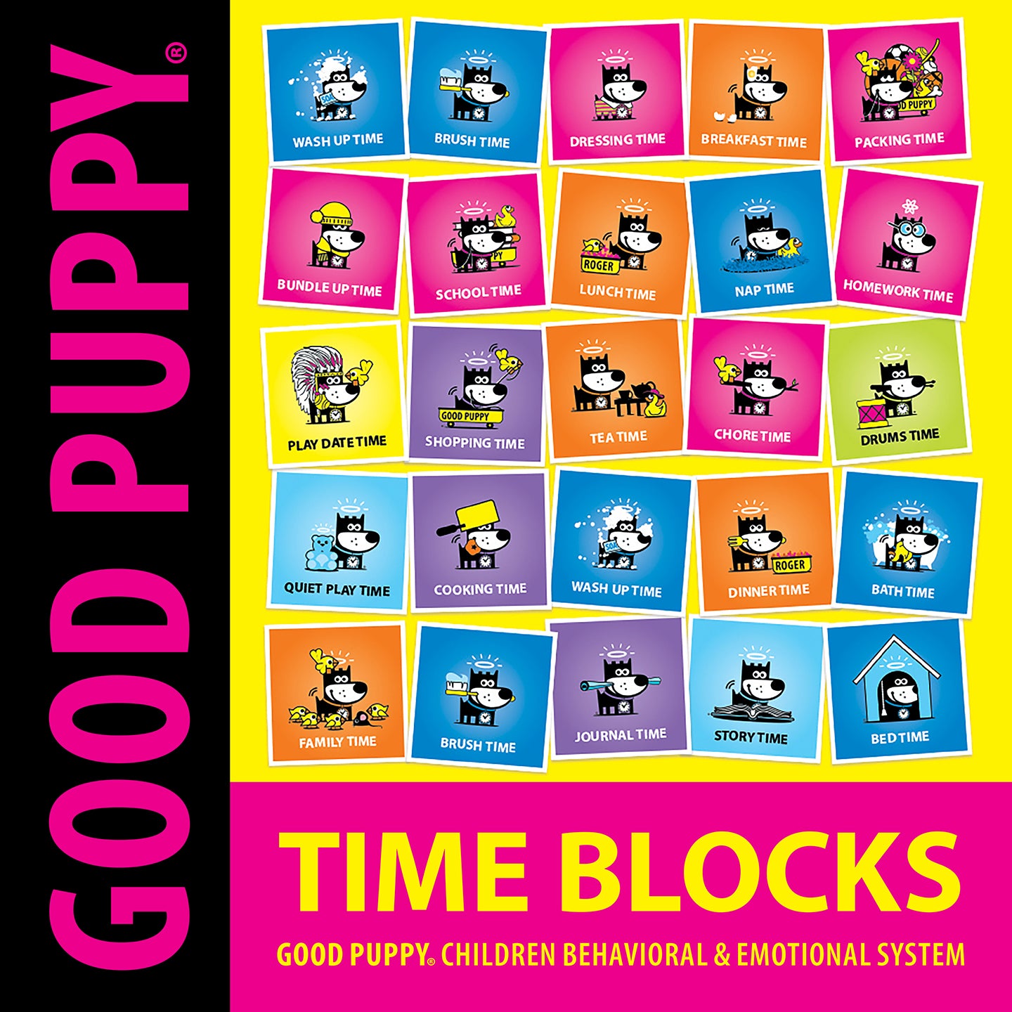 The image showcases "Good Puppy" time blocks, each representing a different daily activity for children as part of their behavioral and emotional system. Activities include wash-up time, brush time, dressing time, breakfast time, packing time, school time, lunch time, nap time, homework time, and more. Each block features a cartoon puppy character engaging in the specific activity. The vibrant, colorful design aims to help children manage their daily routines in a fun and structured way.