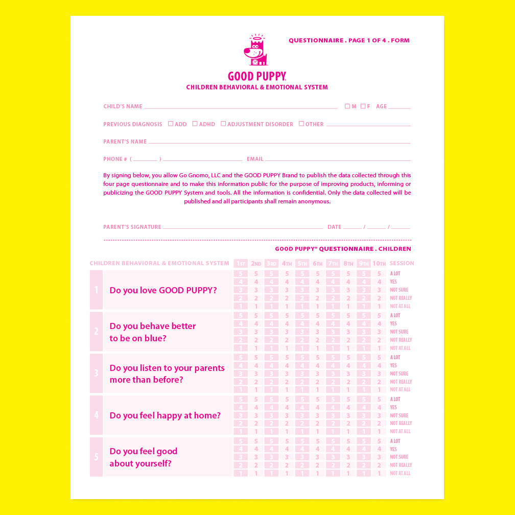 The image shows the "Good Puppy Children Behavioral & Emotional System" questionnaire. It includes fields for the child's name, previous diagnoses, and parent's contact information. The parent signs and dates the form. Questions for the child include topics such as their love for Good Puppy, behavior improvements, listening to parents, happiness at home, and self-esteem, rated on a scale from 1 to 5. The form is designed to assess the impact of the Good Puppy program.