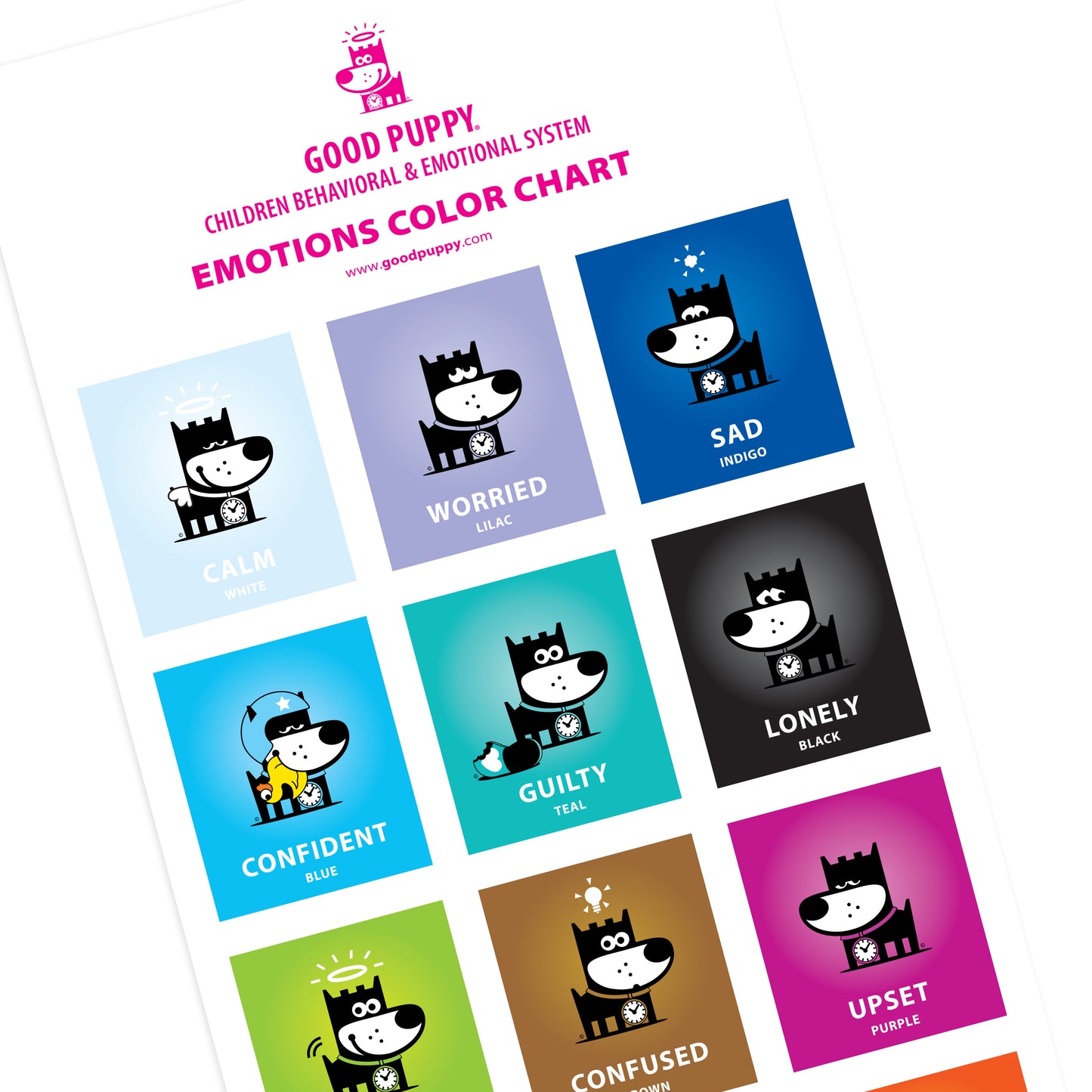 The image displays the Good Puppy Emotions Color Chart, featuring nine illustrated emotions. The chart includes Calm (white), Worried (lilac), Sad (indigo), Confident (blue), Guilty (teal), Lonely (black), Happy (green), Confused (brown), and Upset (purple). Each emotion is represented by the Good Puppy character. The chart is designed to help children recognize and understand their emotions using text, colors, and empathetic illustrations.