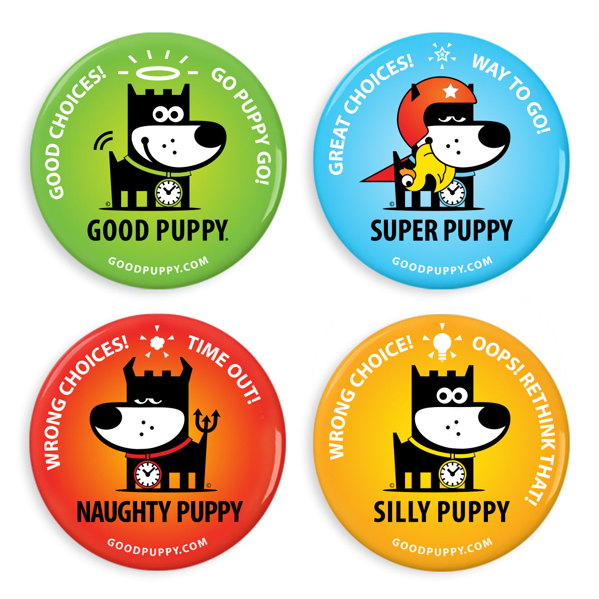 The image displays four colorful badges from the "Good Puppy" system. Each badge features the Good Puppy character and a corresponding message: "Good Choices! Go Puppy Go!" (green), "Great Choices! Way to Go!" (blue), "Wrong Choices! Time Out!" (red), and "Wrong Choice! Oops! Rethink That!" (yellow). The badges are designed to help children understand and manage their behavior through positive reinforcement and gentle correction. Each badge includes the website "goodpuppy.com."