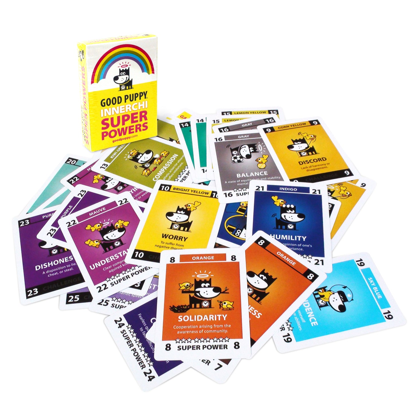 The image shows a set of "Good Puppy Innerchi Super Powers" cards spread out around a central box. Each card features a cartoon puppy illustrating different emotions or traits, such as compassion, worry, balance, discord, humility, solidarity, and confidence. The cards, color-coded and designed to help children understand and manage their emotions, promote emotional and behavioral development through engaging and playful illustrations.