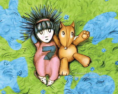 The image shows May lying on the grass with her stuffed animal, Flynn, both looking up. The ground is decorated with blue patches and small purple flowers. May's hair is splayed out in spikes. The text reads, "It could get a little loud, but Flynn loved to search and find."