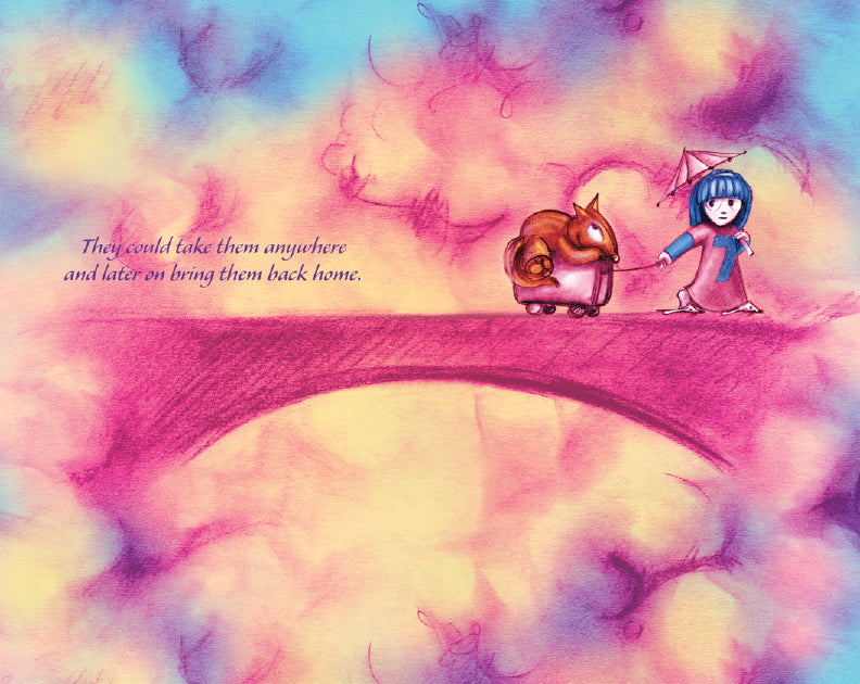 The image shows May walking on a pink bridge in the sky, pulling her stuffed animal, Flynn, who is on wheels. The background is filled with pastel-colored clouds in shades of pink, blue, and yellow. May wears a pointed hat and holds an umbrella. The text reads, "They could take them anywhere and later on bring them back home."