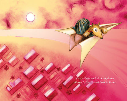 The image shows May and her stuffed animal, Flynn, riding a paper airplane over a landscape of pink buildings and trees. The sky is a blend of pink and yellow with the sun shining brightly. The text reads, "Crossed the widest of all plains, North to South and East to West."