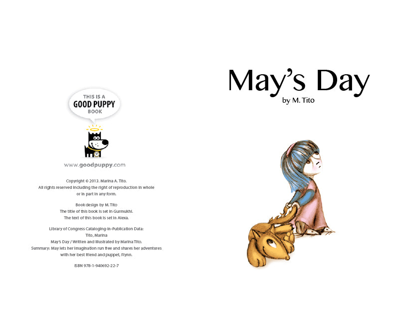 The image is a book cover and inner page of "May's Day" by M. Tito. The cover shows May, a girl with blue hair, holding a stuffed animal. The inner page has publishing information, a logo of "Good Puppy Book," and a summary stating May's adventures with her puppet, Flynn.