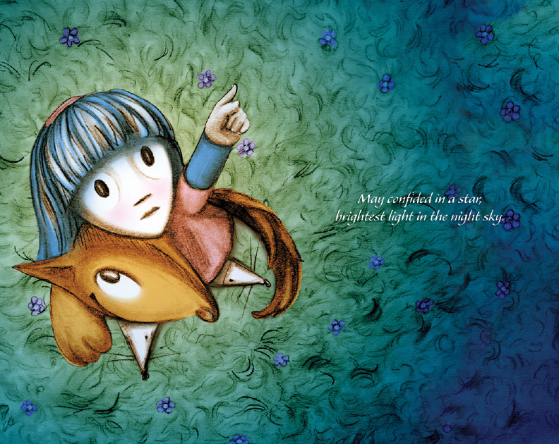 The image depicts May, a girl with blue hair, lying on the grass with her stuffed animal, looking up and pointing at the sky. Purple flowers dot the grass around her. The text reads, "May confided in a star, brightest light in the night sky."