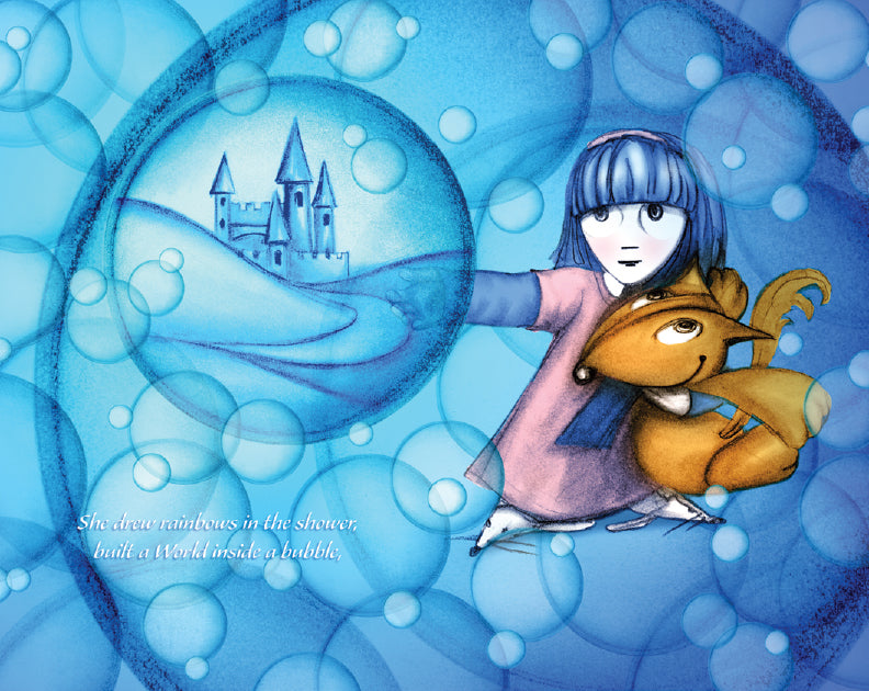 The image shows May holding her stuffed animal, Flynn, surrounded by large, translucent bubbles. One bubble contains a castle on a hill. The scene is set against a blue background. The text reads, "She drew rainbows in the shower, built a World inside a bubble."