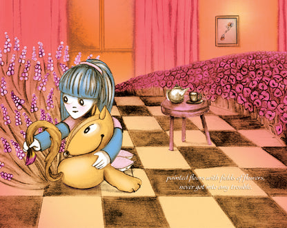 The image shows May kneeling on a checkered floor, holding her stuffed animal, Flynn. They are surrounded by pink and purple flowers. A small table with a teapot and cup is in the background, against a wall with a picture frame. The text reads, "painted floors with fields of flowers, never got into any trouble."