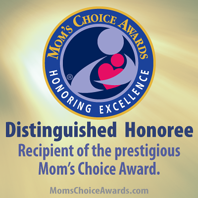 The image features the Mom's Choice Awards logo, which includes a blue and gold circle with the text "Mom's Choice Awards Honoring Excellence." Inside the circle, there's a stylized figure holding a heart. Below the logo, the text reads: "Distinguished Honoree. Recipient of the prestigious Mom’s Choice Award." The background is a gradient of soft yellow and white. At the bottom, the website "MomsChoiceAwards.com" is displayed.